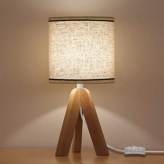 Lampe de chevet en bois à trépied avec abat-jour en lin - Un éclairage rétro pour votre chambre, salon ou bureau