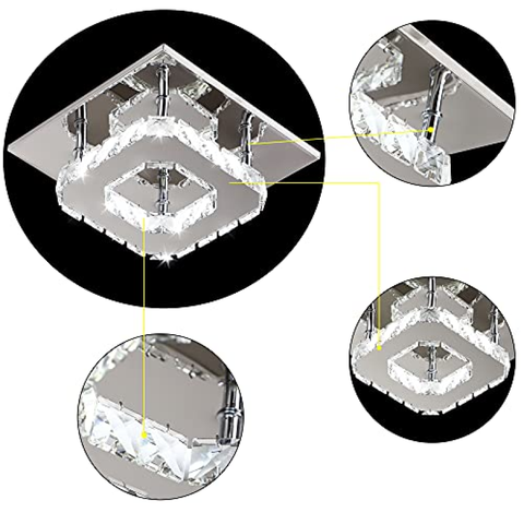 Deckenleuchte aus Kristallglas mit LED 3000K, quadratische Deckenleuchte aus Kristall, integrierte LED-Leuchte mit 15 W, Deckenleuchte aus Kristallglas mit moderner Deckenleuchte, aus Edelstahl gefertigt