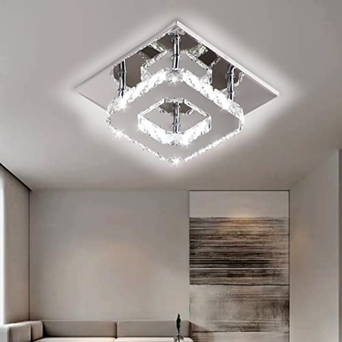 Deckenleuchte aus Kristallglas mit LED 3000K, quadratische Deckenleuchte aus Kristall, integrierte LED-Leuchte mit 15 W, Deckenleuchte aus Kristallglas mit moderner Deckenleuchte, aus Edelstahl gefertigt