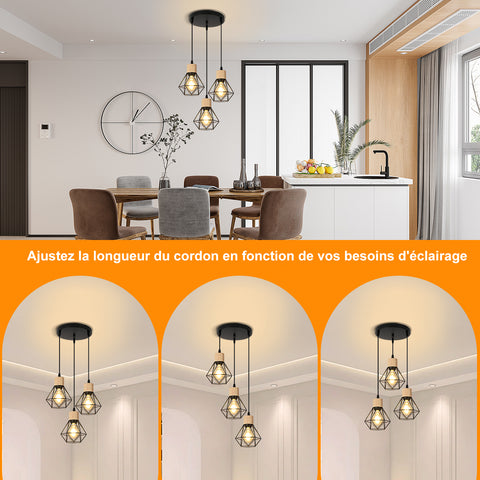 Retro-Industrie-Eisen-Kronleuchter, runde Deckenleuchte, geeignet für E27-Glühbirnen, verstellbare Länge, schwarzer Holz-Kronleuchter, geeignet für Esszimmer, Wohnzimmer