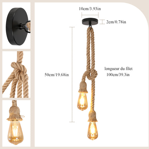 Vintage industriële hanglamp touwkroonluchter, E27-lamp in zwart henneptouw