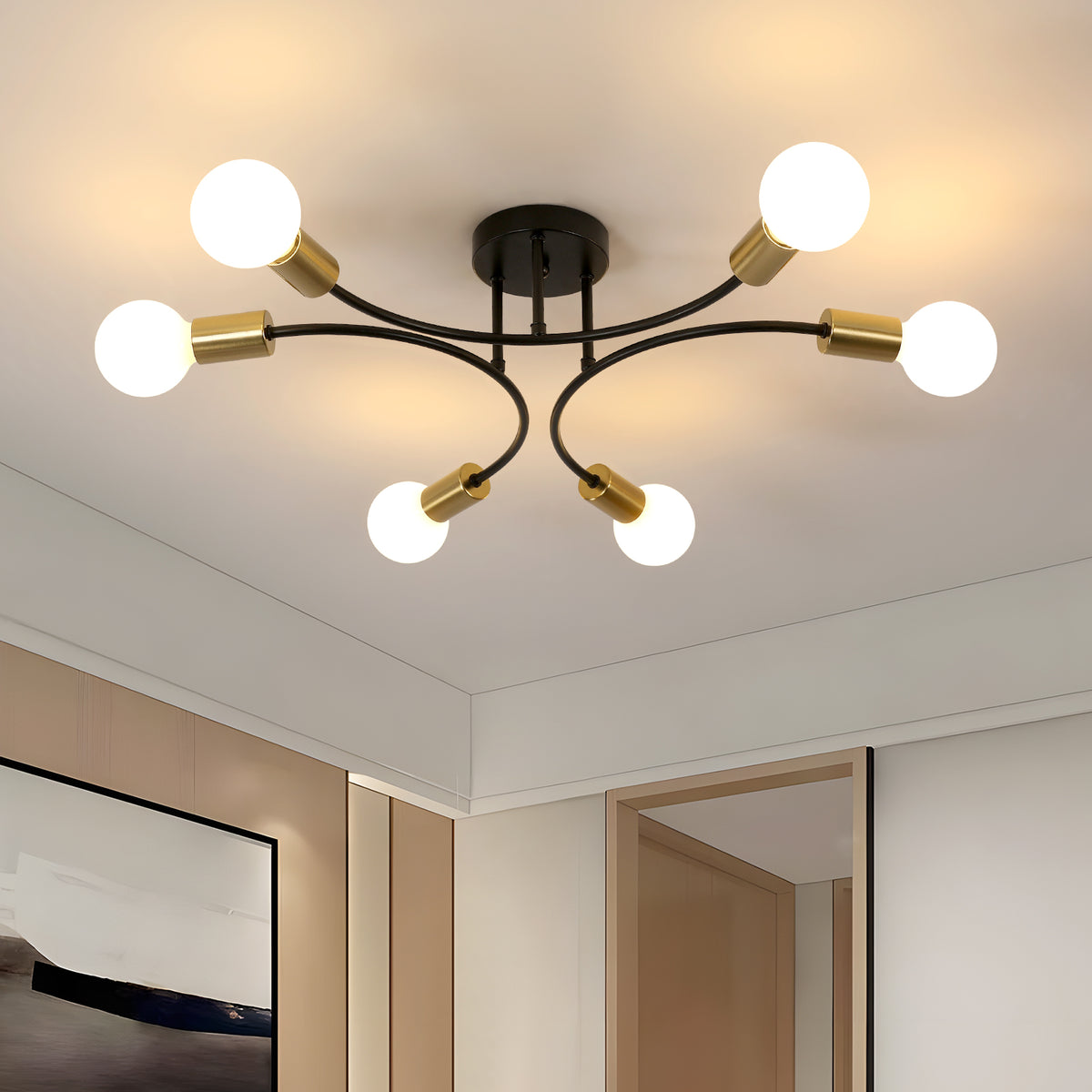 Lampa sufitowa z kutego żelaza o prostym amerykańskim designie - czarno-złota, 6 głowic, D58*13CM, gniazdo E27 (żarówki nie wchodzą w skład zestawu)