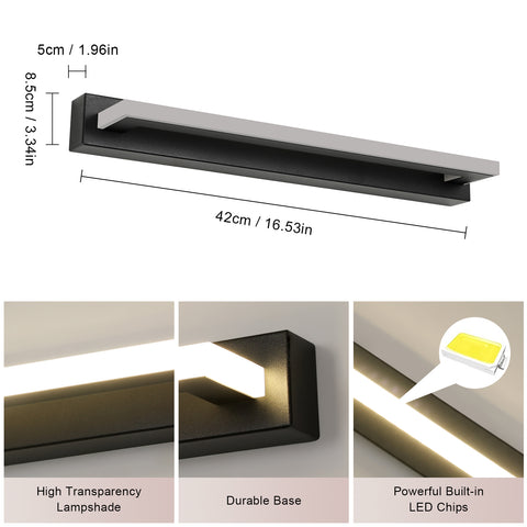 42 cm schwarze LED-Wandleuchte aus Acryl – 9 W Spiegelbeleuchtung, 4500 K neutrales Licht, 220 V, flimmerfrei, vielseitige Installation
