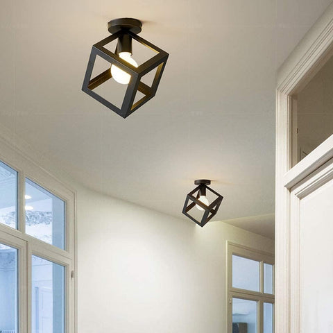 Lámpara de Techo Moderna Lámpara con Forma de Jaula Lámpara de Techo Vintage Estilo Geométrico Pantalla de Metal Iluminación E27 para Dormitorio Sala de Estar Restaurante, Forma de Cubo, 16 CM, Negro