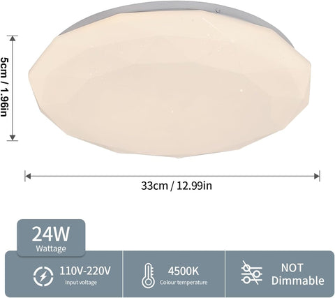 Lámpara de techo, 24 W LED estrella luz de techo 4000 K blanco neutro, lámpara LED moderna lámpara de techo de diamante para dormitorio infantil, cocina, pasillo, dormitorio, baño