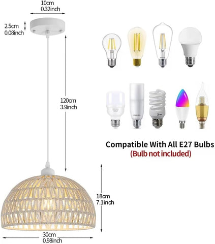 Lámpara colgante de ratán moderna, lámpara colgante de ratán natural, lámpara colgante de altura ajustable E27, lámpara colgante para cocina, dormitorio, sala de estar, cafetería (blanco)