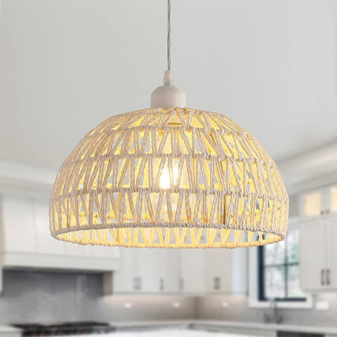 Lámpara colgante de ratán moderna, lámpara colgante de ratán natural, lámpara colgante de altura ajustable E27, lámpara colgante para cocina, dormitorio, sala de estar, cafetería (blanco)