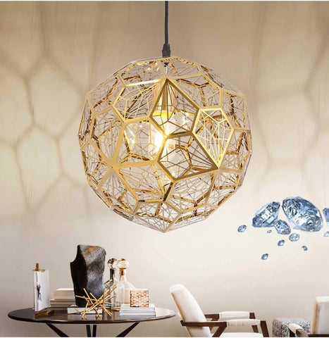 Plafón dorado en acero inoxidable, moderno y minimalista con estructura poliédrica para comedor, salón, dormitorio o bar - 37 cm.
