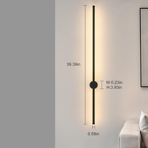 Lámpara de pared LED moderna con forma de línea, giratoria de 360°, blanco cálido, 3000 K, para salón, dormitorio, pasillo, entrada, color negro, 100 cm
