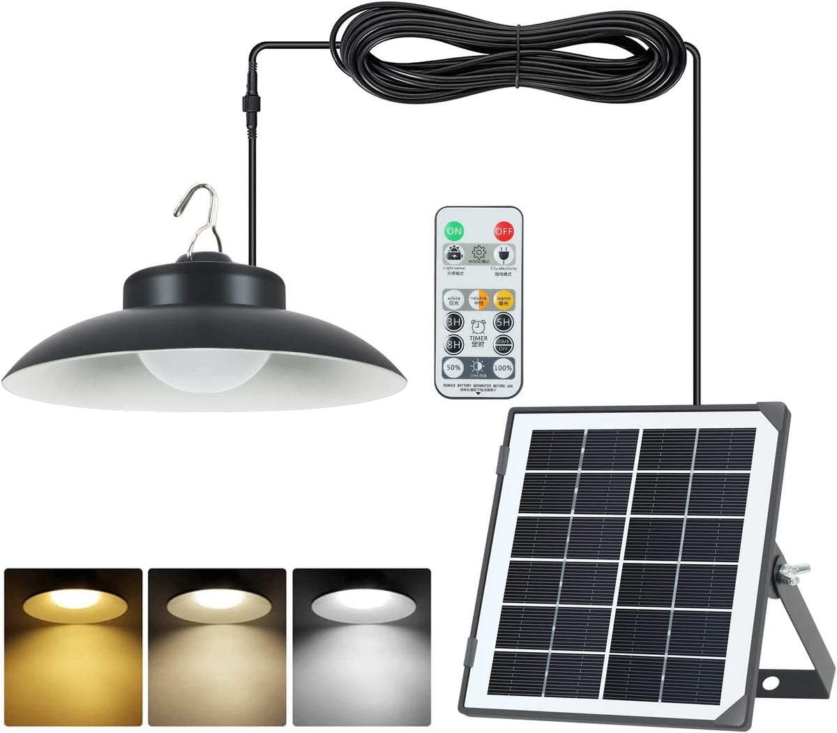 Buitenlicht op zonne-energie, 120° stralingshoek, IP65 buitenlicht op zonne-energie met afstandsbediening, 5M kabel, 3 kleurtemperatuurmodi voor tuin, garage, tuin, trap, terras