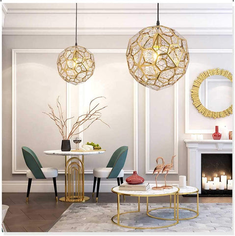 Plafón dorado en acero inoxidable, moderno y minimalista con estructura poliédrica para comedor, salón, dormitorio o bar - 37 cm.