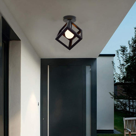 Lámpara de Techo Moderna Lámpara con Forma de Jaula Lámpara de Techo Vintage Estilo Geométrico Pantalla de Metal Iluminación E27 para Dormitorio Sala de Estar Restaurante, Forma de Cubo, 16 CM, Negro