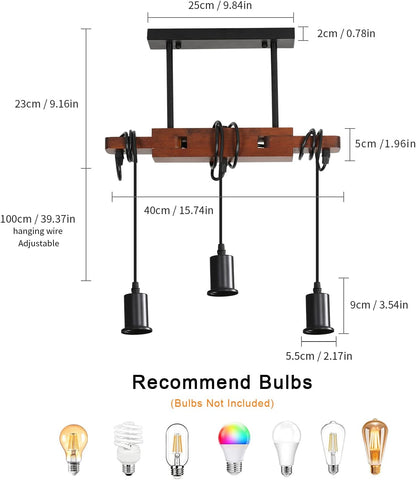 Industrielle Pendelleuchte, Vintage-Deckenleuchte aus Holz, E27-Kronleuchter mit 3 Lampen, 120 cm verstellbares Kabel, für Küche, Esszimmer, Café, Bar (keine Glühbirne)