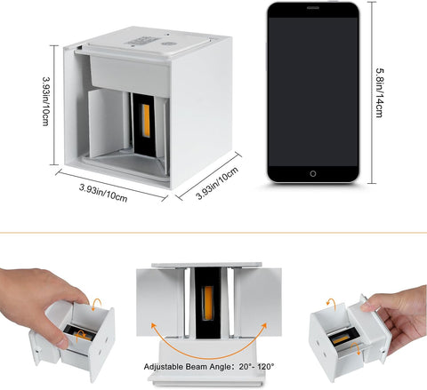 Paquete de 2 luces de pared LED para exteriores, 12 W, luces de pared para interiores con ángulo ajustable, iluminación de pared para exteriores, lámpara de pared moderna IP65 impermeable para sala de estar, dormitorio (blanco) blanco cálido 3000 K