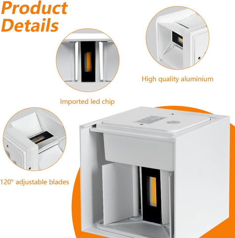 Paquete de 2 luces de pared LED para exteriores, 12 W, luces de pared para interiores con ángulo ajustable, iluminación de pared para exteriores, lámpara de pared moderna IP65 impermeable para sala de estar, dormitorio (blanco) blanco cálido 3000 K
