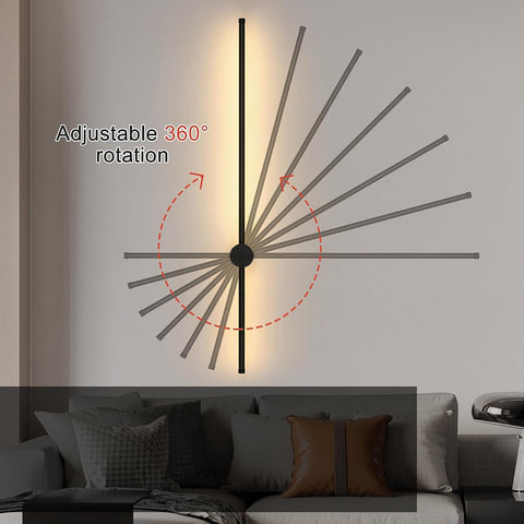 Lámpara de pared LED moderna con forma de línea, giratoria de 360°, blanco cálido, 3000 K, para salón, dormitorio, pasillo, entrada, color negro, 100 cm