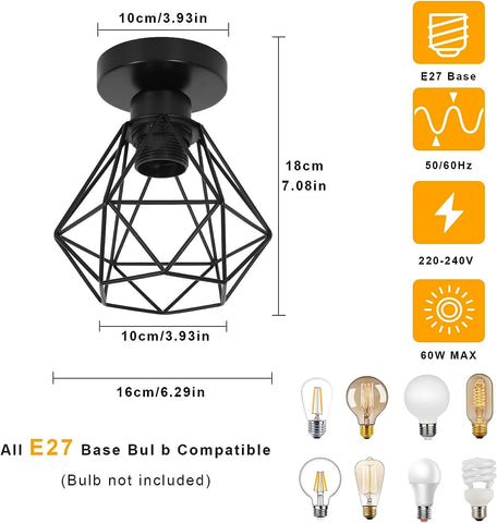 Lámpara de techo industrial E27, lámpara de jaula de metal vintage, iluminación colgante de techo negra para cocina, dormitorio, sala de estar, pasillo, cafetería (2 unidades)