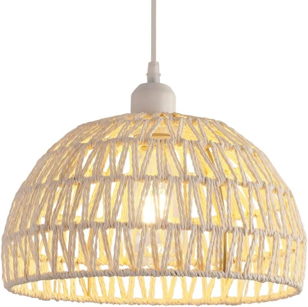 Moderne rotan hanglamp kroonluchter natuurlijke rotan lampenkap hanglamp verstelbare hoogte E27 hanglamp voor keuken slaapkamer woonkamer café (wit)