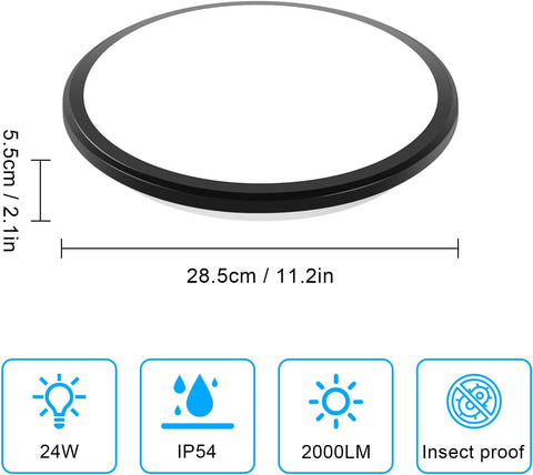 Lámpara de techo LED, 24 W, 2000 lm, luz blanca fría, 6500 K, redonda, IP54, lámpara de techo impermeable, lámpara de techo LED para baño, sala de estar, dormitorio, cocina