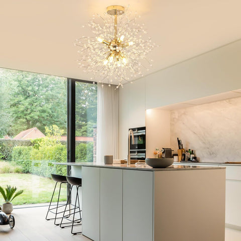Moderne Kristall-Kronleuchter mit Deckenleuchte, goldener Feuerwerks-Kronleuchter, K9-Kristall-Deckenleuchten, 8 G9-Beleuchtungskörper, goldene Lampen für Wohnzimmer, Schlafzimmer, Esszimmer, Flur