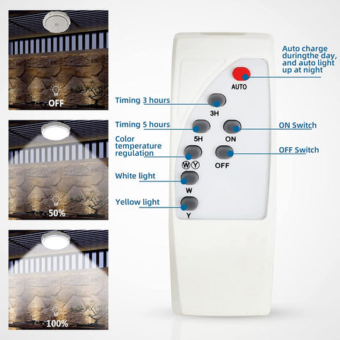 Buitenlamp op zonne-energie, plafondlamp met afstandsbediening, IP54 waterdichte zonne-verlichting voor tuin, 80W, instelbare kleurtemperatuur 3000K/4500K/6000K