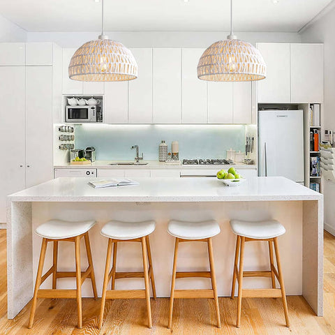 Lámpara colgante de ratán moderna, lámpara colgante de ratán natural, lámpara colgante de altura ajustable E27, lámpara colgante para cocina, dormitorio, sala de estar, cafetería (blanco)
