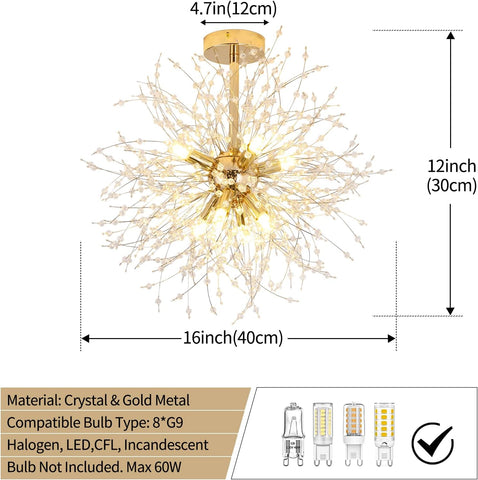 Moderne Kristall-Kronleuchter mit Deckenleuchte, goldener Feuerwerks-Kronleuchter, K9-Kristall-Deckenleuchten, 8 G9-Beleuchtungskörper, goldene Lampen für Wohnzimmer, Schlafzimmer, Esszimmer, Flur