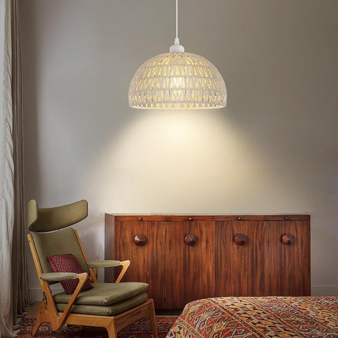 Lámpara colgante de ratán moderna, lámpara colgante de ratán natural, lámpara colgante de altura ajustable E27, lámpara colgante para cocina, dormitorio, sala de estar, cafetería (blanco)