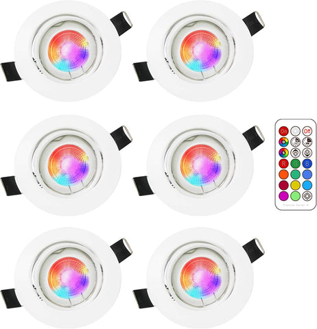 Juego de 6 focos LED empotrables RGB ajustables con cambio de color, 5 W (equivalente a 50 W), blanco cálido 2700 K, luz de techo empotrable redonda de metal blanco con control remoto regulable