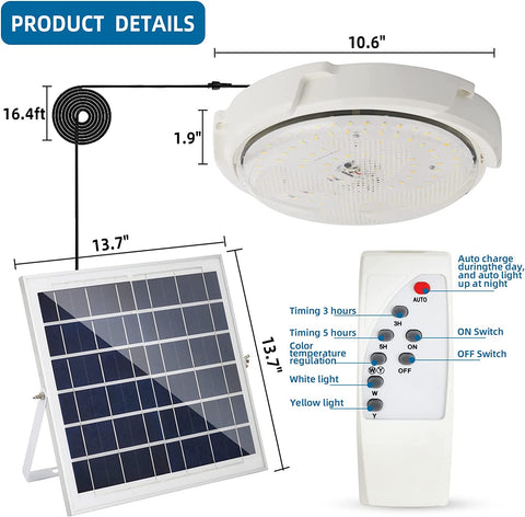 Buitenlamp op zonne-energie, plafondlamp met afstandsbediening, IP54 waterdichte zonne-verlichting voor tuin, 80W, instelbare kleurtemperatuur 3000K/4500K/6000K