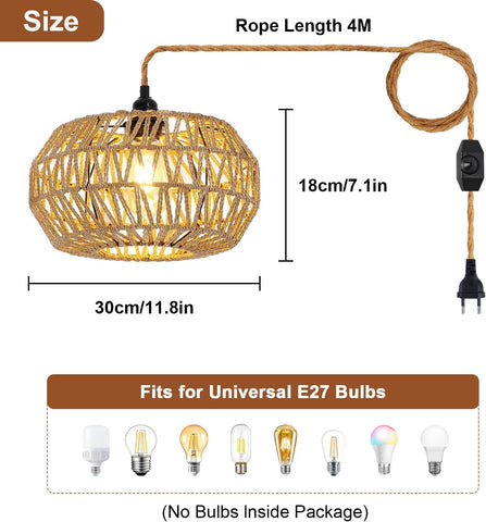 Rattan-Pendelleuchte, E27 Vintage gewebter Deckenleuchter, dimmbarer Schalter, Schlafzimmer-Kronleuchter, Wohnzimmer, Deckenlampe (ohne Glühbirne)