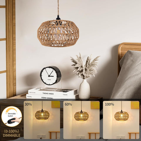 Rattan-Pendelleuchte, E27 Vintage gewebter Deckenleuchter, dimmbarer Schalter, Schlafzimmer-Kronleuchter, Wohnzimmer, Deckenlampe (ohne Glühbirne)