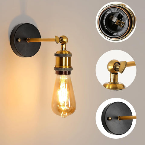Set van 2 industriële vintage E27 wandlampen, 270° verstelbare E27 retro metalen wandlampen, gouden binnenwandlampen voor trappenhuis, gang, woonkamer, keuken (lamp niet inbegrepen)