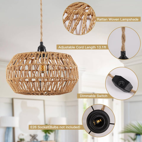 Rattan-Pendelleuchte, E27 Vintage gewebter Deckenleuchter, dimmbarer Schalter, Schlafzimmer-Kronleuchter, Wohnzimmer, Deckenlampe (ohne Glühbirne)