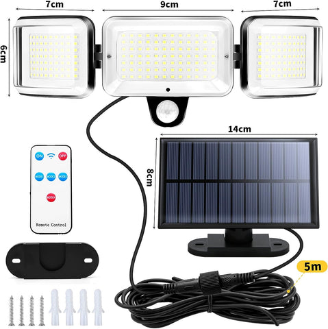 Luz solar al aire libre 224 LED Sensor de movimiento Lámpara de pared LED Blanco frío 6000K para patio Jardín Pasillo Terraza Cerca de la pared Camino Patio Villa