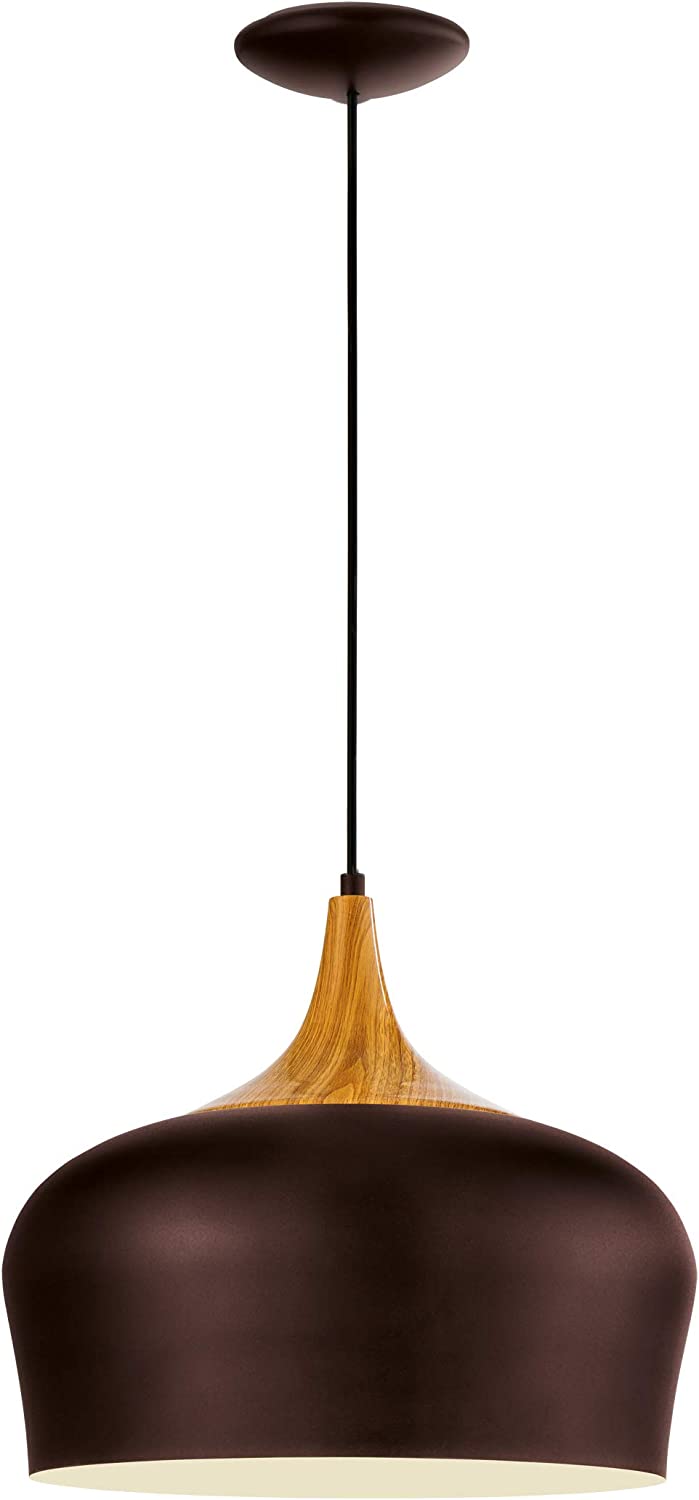 Moderne hanglamp in bruin metaal, crème en eikenlook kunststof met E27 fitting voor eettafel of woonkamer