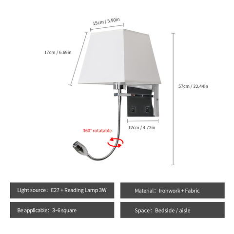 Lámpara de noche, luz de pared LED, luz de lectura, soporte de brazo oscilante para dormitorio, luz nocturna de pared E27 (no incluye bombillas)