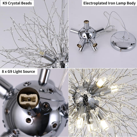 Kristallen kroonluchter, moderne chroom vuurwerk hanglamp, 8 lampen hangende verlichtingsarmatuur voor woonkamer slaapkamer eetkamer keuken hal (diameter 40CM) Lamp niet inbegrepen