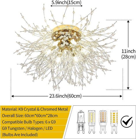 LED-plafondlamp Kristallen kroonluchter Moderne K9 kristallen hanglamp Plafondlamp Verstelbare kleurtemperatuur 3000K/4500K/6500K 6 G9 Plafondlamp Goud