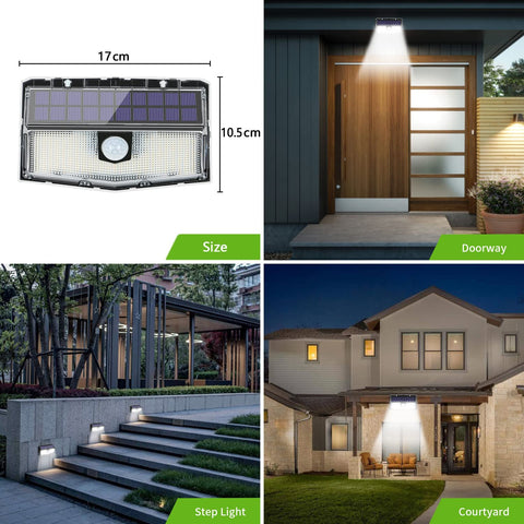Zestaw 2 zewnętrznych lamp solarnych z czujnikiem ruchu 300 LED, oświetleniem słonecznym 270°, wodoodpornością IP65, bezprzewodowością, 3 trybami zapewniającymi bezpieczeństwo na podwórku i w ogrodzie
