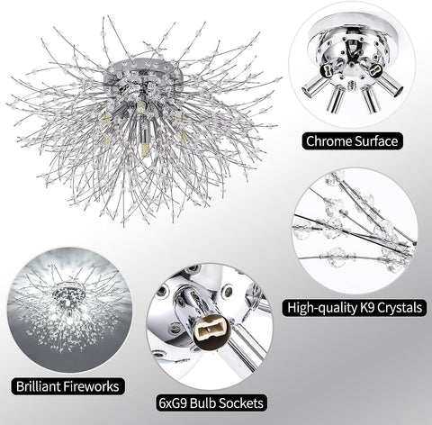 Lámparas de techo de cristal, 6 luces G9, lámpara de techo de cristal, lámpara de fuegos artificiales, cristales K9, lámpara de techo moderna para sala de estar, dormitorio, comedor, cocina, pasillo (bombilla no incluida)