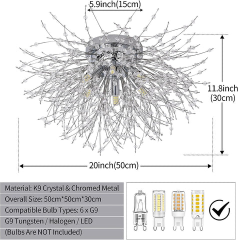 Lámparas de techo de cristal, 6 luces G9, lámpara de techo de cristal, lámpara de fuegos artificiales, cristales K9, lámpara de techo moderna para sala de estar, dormitorio, comedor, cocina, pasillo (bombilla no incluida)