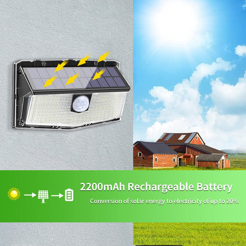 Zestaw 2 zewnętrznych lamp solarnych z czujnikiem ruchu 300 LED, oświetleniem słonecznym 270°, wodoodpornością IP65, bezprzewodowością, 3 trybami zapewniającymi bezpieczeństwo na podwórku i w ogrodzie
