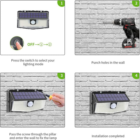 Zestaw 2 zewnętrznych lamp solarnych z czujnikiem ruchu 300 LED, oświetleniem słonecznym 270°, wodoodpornością IP65, bezprzewodowością, 3 trybami zapewniającymi bezpieczeństwo na podwórku i w ogrodzie