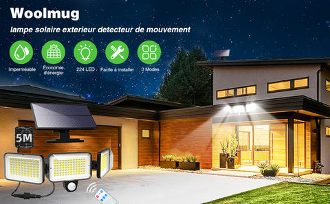 Luz solar al aire libre 224 LED Sensor de movimiento Lámpara de pared LED Blanco frío 6000K para patio Jardín Pasillo Terraza Cerca de la pared Camino Patio Villa