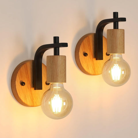 Zestaw 2 Lamp Ściennych Vintage Drewno i Czarny Metal E27