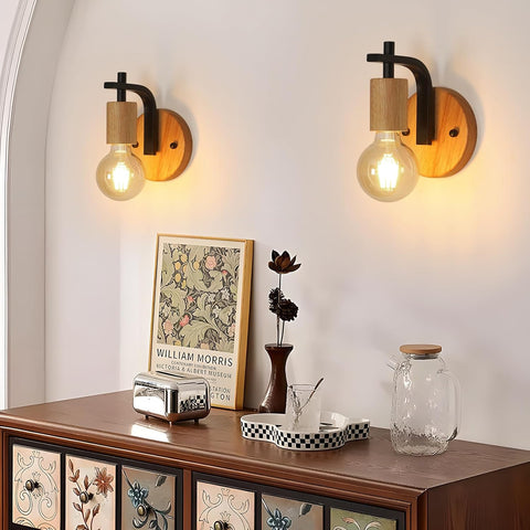 Zestaw 2 Lamp Ściennych Vintage Drewno i Czarny Metal E27