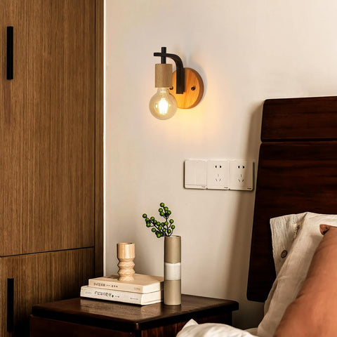 Zestaw 2 Lamp Ściennych Vintage Drewno i Czarny Metal E27