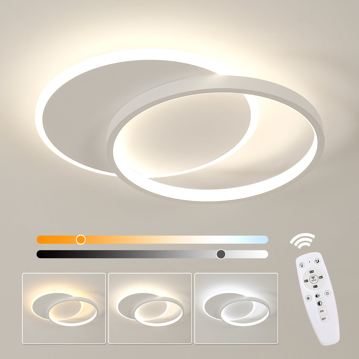 Lámpara de techo LED de aluminio regulable en forma de media luna - Blanco, forma circular 40x30x5,5 cm, atenuador sin nivel con control remoto 28W