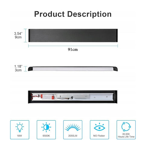 Aplique LED moderno en metal aluminio, Negro, 61 cm, Iluminación, Luz blanca, 18W, Lámpara para Salón Dormitorio